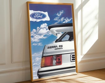 Cosworth Sierra RS Poster – Photorealism, Blue Sky and White Tones, Car Advertisement Art Print