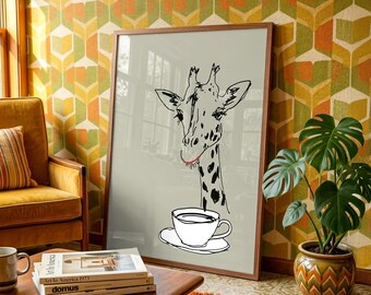 Vintage Giraffe Art Print - 1970s Retro Animal Illustration - Nursery Decor Gift for Kids - Unique Wall Art