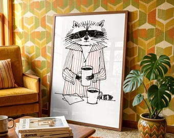 Funny Raccoon Art Print - Quirky Animal Illustration Gift for Kids - Modern Home Decor - Cute Wildlife Poster