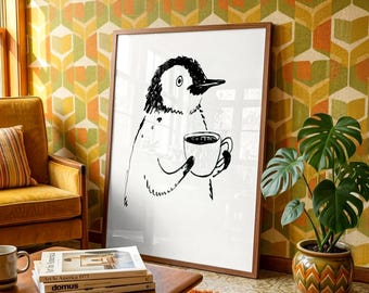 Cute Penguin Art Print - Quirky Animal Decor - Gift for Kids - Coffee Lover Wall Art - Modern Home Decor