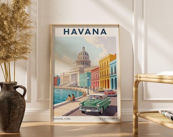 Póster de El Capitolio de La Habana, viaje vintage, azul marino y verde azulado