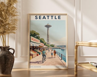 Lámina artística de la Aguja Espacial de Seattle: azul marino y azul cielo, bloques de colores planos