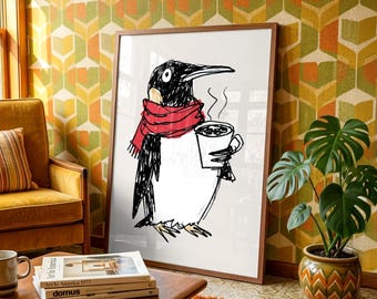 Penguin with Coffee Wall Art, Cute Winter Animal Poster, Whimsical Bird Illustration, Cozy Home Decor Gift for Adults