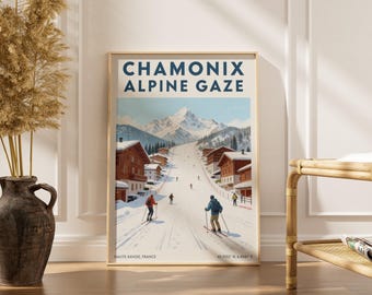 Póster Mirada alpina de Chamonix - Gouache, cielo azul y marrón