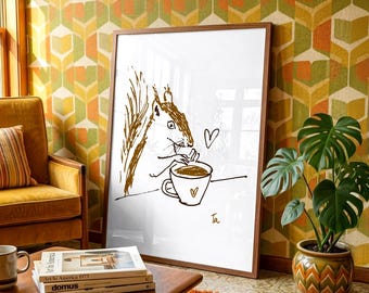 Cute Hedgehog Drinking Coffee Wall Art, Minimalist Brown Animal Illustration Poster, Whimsical Coffee Lover Gift for Adults
