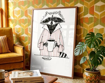 Cool Raccoon Wearing Sunglasses and Bathrobe Drinking Coffee Wall Art, Funny Animal Morning Routine Poster, Quirky Home Decor Gift