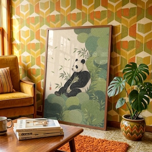 Panda Poster - Modern Gouache Uki-e Look, Cream and Black with Sage Green, Nursery Bedroom