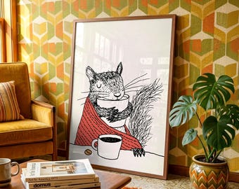 Cute Squirrel with Coffee Print - Retro 70s Art - Cozy Animal Illustration - Gift for Kids - Home Decor Wall Art