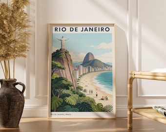 Póster del Cristo Redentor: bloques de colores planos, turquesa y azul claro, Río de Janeiro