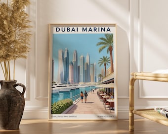 Póster de Dubai Marina: Gouache de mediados de siglo, azul cielo y turquesa