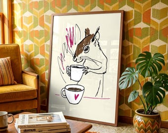 Retro Coffee Squirrel Art Print - 1970s Illustration - Vintage Animal Decor - Unique Gift for Teenager