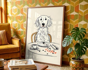 Cute Dog Coffee Art Print - Retro 70s Decor - Gift for Dog Lover - Vintage Illustration - Home Wall Decor
