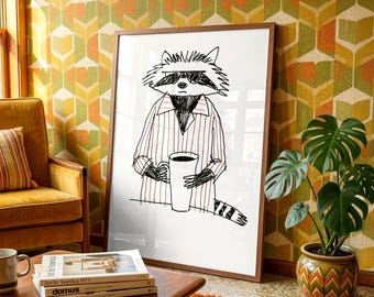 Funny Raccoon Print, Quirky Animal Art, Gift for Teen, Modern Home Decor, Whimsical Wall Art, Cute Coffee Lover Gift