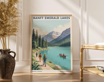 Póster de viaje vintage de los lagos esmeralda de Banff, turquesa y verde bosque