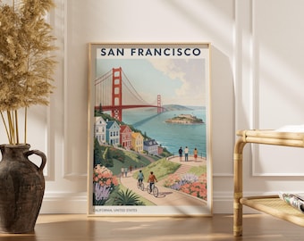 Póster del puente Golden Gate - Viajes vintage, rojo y azul