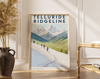 Lámina artística de viaje vintage Telluride Ridgeline azul marino y azul cielo