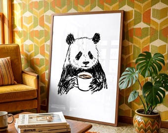 Panda Coffee Lover Wall Art, Cute Animal Print, Minimalist Black and White Panda Poster, Whimsical Decor, Gift for Coffee Lovers