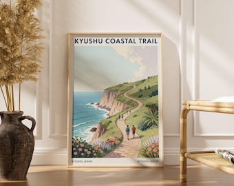 Póster plano a color del sendero costero de Kyushu, turquesa y azul cielo