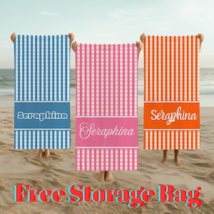 Gepersonaliseerde gingang strandlaken voor kind, aangepaste gestreepte badhanddoek met naam, kleurrijke handdoek voor kind, vrijgezellenfeestcadeau, essentiële zomer