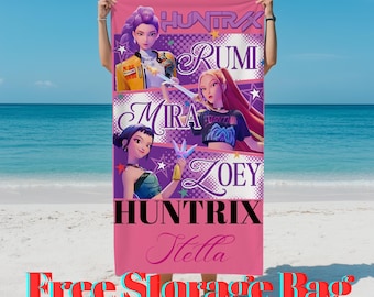 Gepersonaliseerde Kpop Huntrix-strandlaken voor meisjes, aangepaste schattige anime-kunstbadhanddoek met naam, Kpop demon-badhanddoek voor kinderen, Kpop-fan cadeau voor reis