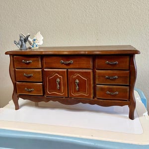 Large Wooden Musical Jewelry Box Armoire. Yellow lining. Vintage