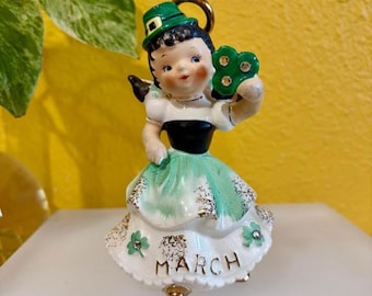 1950s Lefton March Angel Figurine: Shamrock, Top Hat, Gold Halo (1987J)