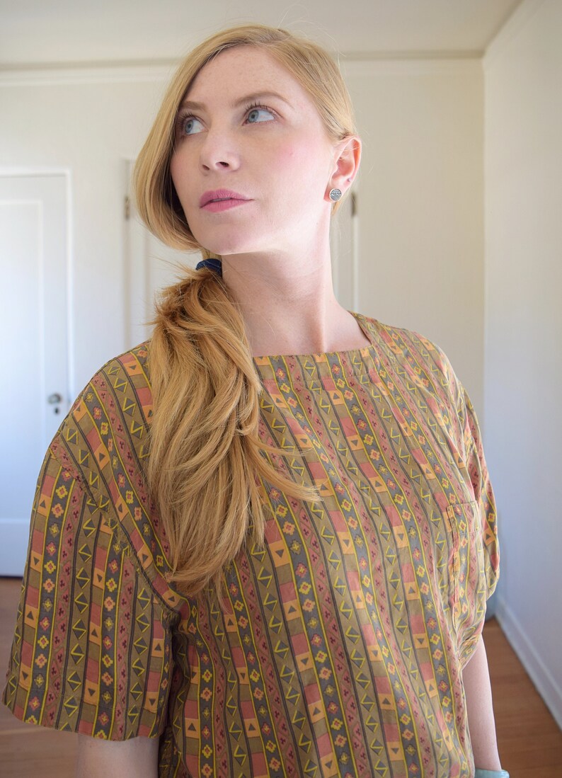 Vintage Silk Earth-tone Aztec Print Blouse Womens Medium Large