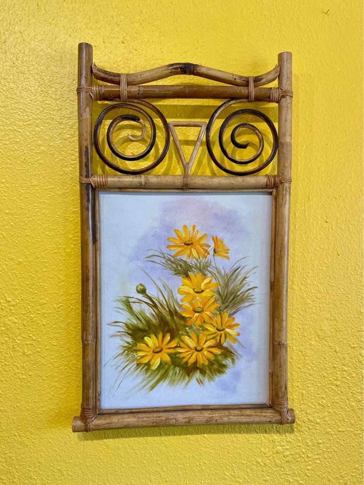 Vintage Rattan Owl Frame with Floral Painting