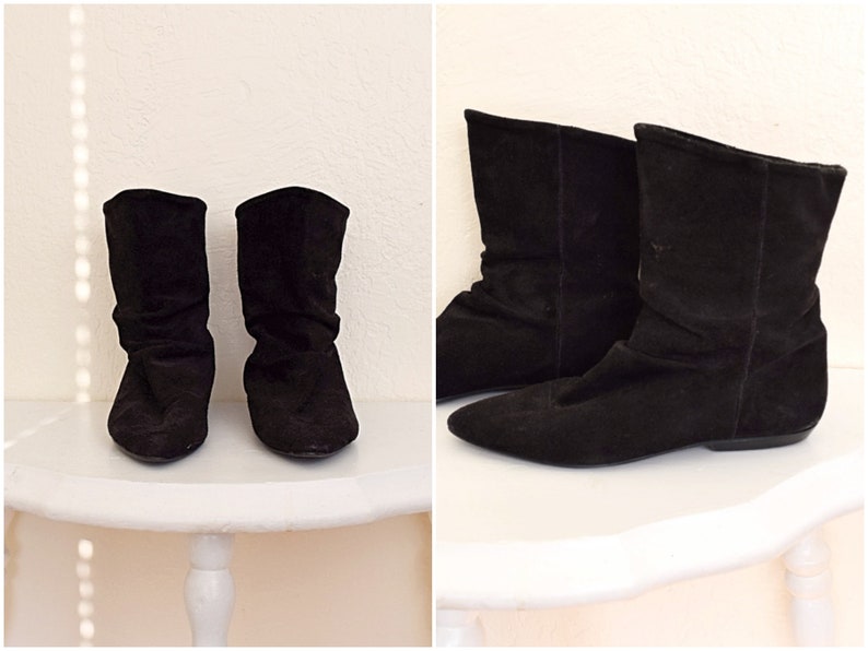 Vintage Black Suede Slouchy Pointed Toe Ankle Boots Size 6