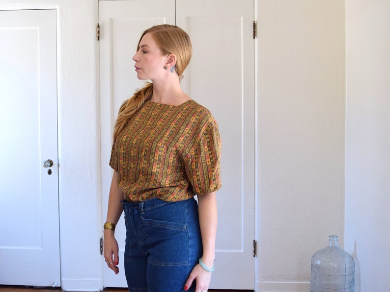Vintage Silk Earth-tone Aztec Print Blouse Womens Medium Large
