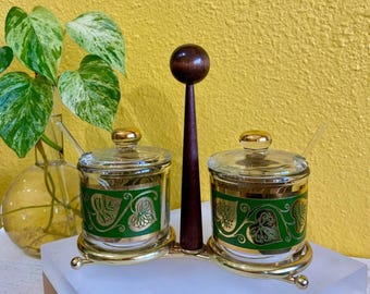 1950s Culver Gold and Green Leaf Glass Condiment Jar set. MCM