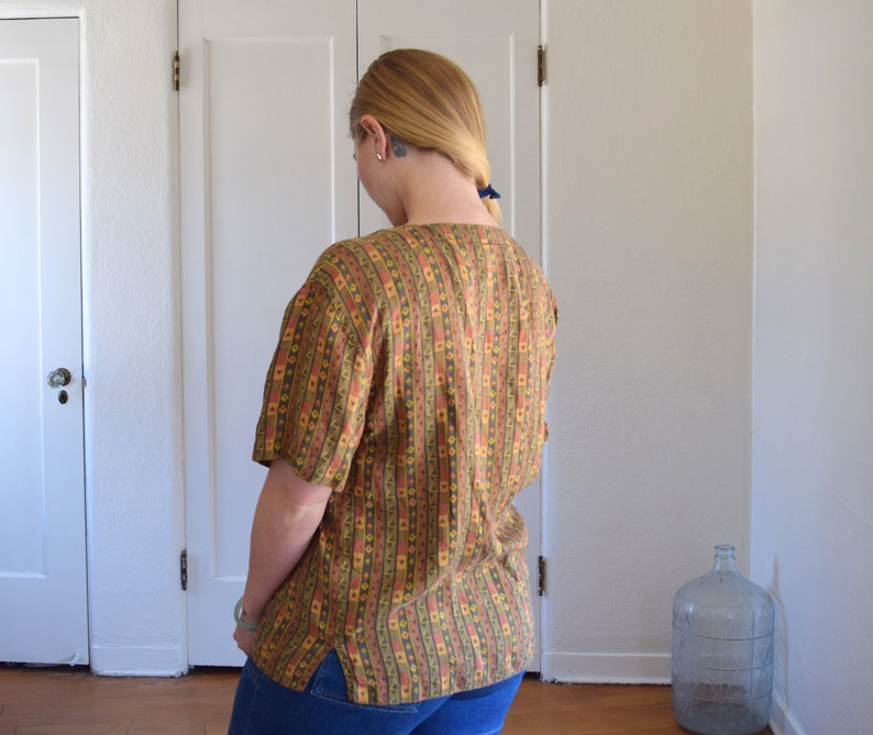 Vintage Silk Earth-tone Aztec Print Blouse Womens Medium Large