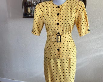 Vintage 80s Galit Yellow & Black Polka Dot Skirt And Suit Jacket Set With Belt