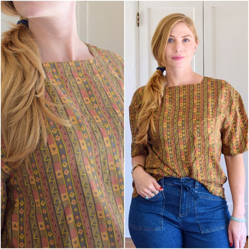 Vintage Silk Earth-tone Aztec Print Blouse Womens Medium Large