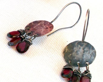 Garnet Briolette Dangle Earrings - Oxidized Sterling Silver Earrings - Rustic Handmade Earrings - Modern Boho Jewelry - Metalwork Jewelry
