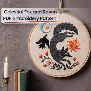 Woodland Fox Crow Moon Embroidery Pattern, Beginner Folk Art Needlework (PDF Download)