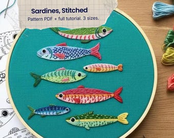 Sardine Embroidery Pattern, Colorful Fish Sampler PDF, Beginner Friendly Modern Stitching Tutorial