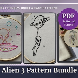 Pacchetto di schemi per ricamo di alieni per principianti, con guida ai punti e disegni al tratto (download digitale)
