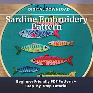 Sardine Sampler-Handstickerei-Muster PDF | Anfängerfreundliche Fischstickerei | Buntes Modernes Sampler Tutorial