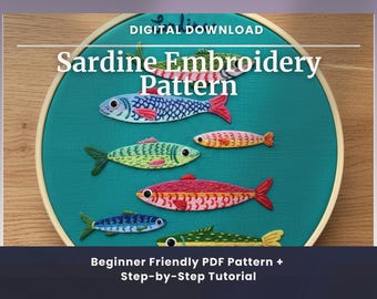 Sardine Sampler Hand Embroidery Pattern PDF | Beginner Friendly Fish Embroidery | Colorful Modern Sampler Tutorial