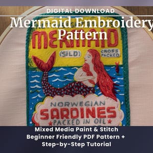 Mermaid Sardine Tin Embroidery Pattern | Nautical Kitchen Art (PDF Download)