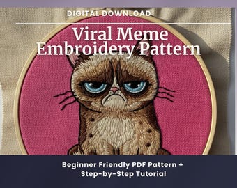 Grumpy Cat Embroidery Pattern | Viral Meme Hoop Art (PDF Download)