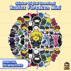 Puede incluir: Una colección de pegatinas de descarga digital Roblox Forsaken Mini. Las pegatinas presentan varios personajes de dibujos animados con diferentes atuendos y accesorios. El texto "Sticker Digital Download Roblox Forsaken Mini" está en la parte superior y "DIGITAL DOWNLOAD" en la inferior.