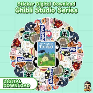 May include: A collection of colorful Ghibli Studio Series stickers, including characters from "My Neighbor Totoro" and "Ponyo." The stickers are arranged in a circular pattern, with the words "Sticker Digital Download" and "Digital Download" visible.