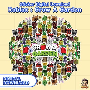 Pode incluir: Uma folha de adesivos para download digital com personagens e objetos pixelados com tema de jardim. O design inclui o texto "Roblox: Grow A Garden" e "Digital Download". Os adesivos são de várias cores e formas.