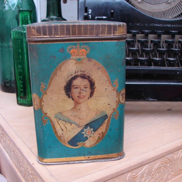 Vintage Tin Tea Caddy Queen Elizabeth II Coronation 1953 Royal Procession