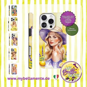 May include: A phone case with a watercolour illustration of a woman with blonde hair and a purple hat. The case has a yellow background with lemons and lavender. Text includes "Bitte wähle dein Lieblingsmotiv und das passende Modell" and "iPhone kompatibel."