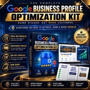 May include: A digital marketing product titled The Complete Google Business Profile Optimization Kit. The box features a blue storefront icon, five gold stars, and text detailing local SEO checklists, review templates, and growth strategies.