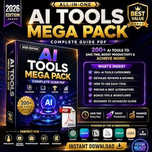 May include: A digital product advertisement for the 2026 AI Tools Mega Pack complete guide PDF. The graphic features a black box with gold and blue text, listing 200+ AI tools, categories, reviews, and workflows. It includes logos for ChatGPT, Canva, Notion, Midjourney, copy.ai, and Claude.