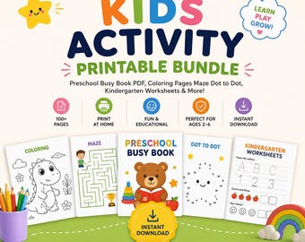 Può includere: Un pacchetto digitale di attività stampabili per bambini che include un libro di attività prescolari, pagine da colorare, labirinti, unisci i puntini e schede didattiche per la scuola materna. Include un orso bruno, un dinosauro e il testo Kids Activity.